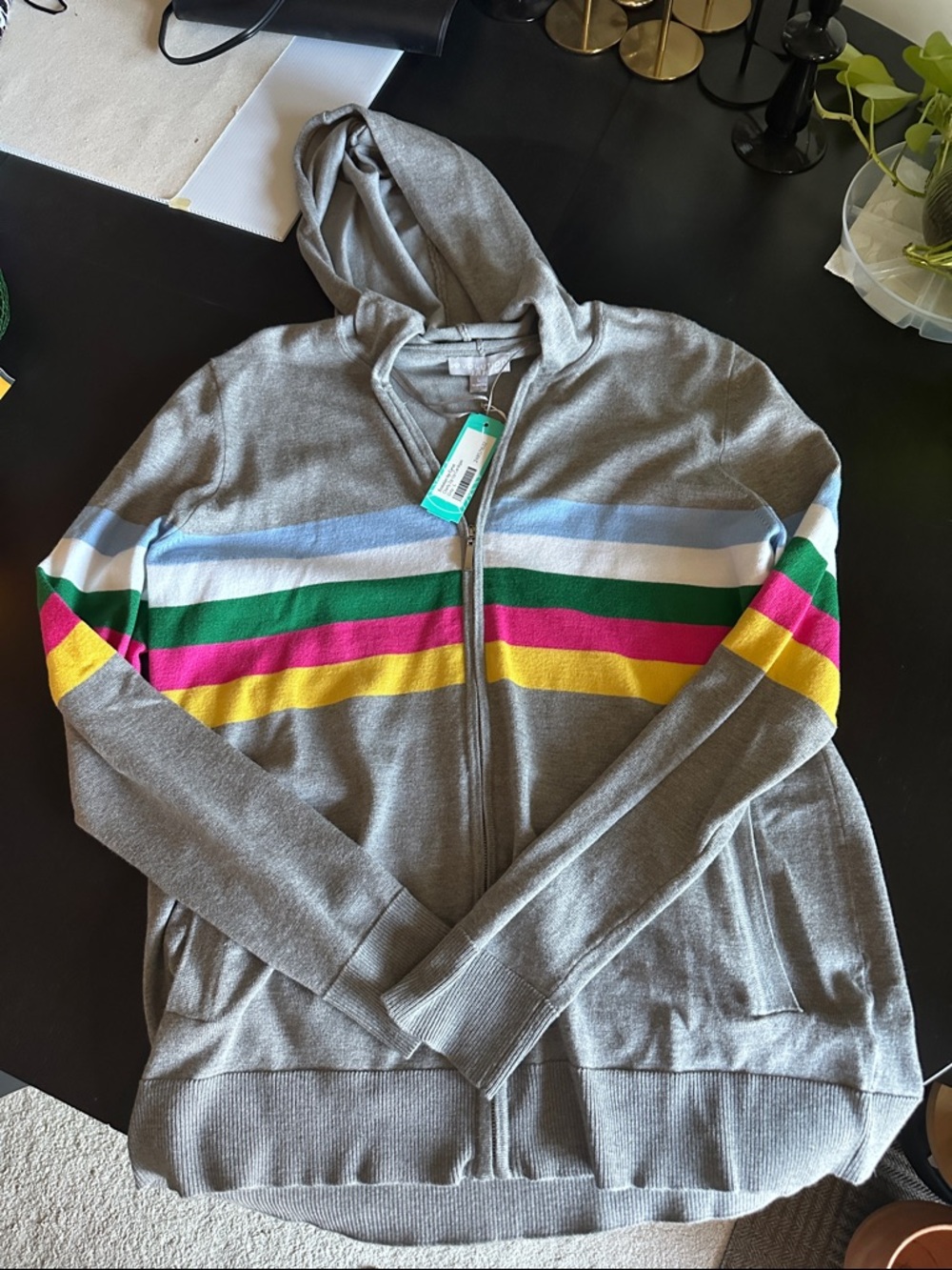Gray Zip Hoodie Lightweight Sweater with Rainbow Stripes